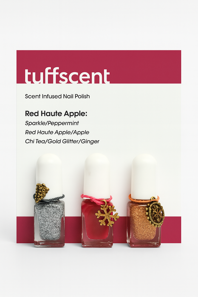 Tuff Scent Scenties by Tuff Scentence Scent Infused Nail Polish™ — Red Haute Sparkle Collection: Sparkle (Peppermint Scent) Red Haute Apple (Red Apple Scent), Chai Tea (Ginger Scent)