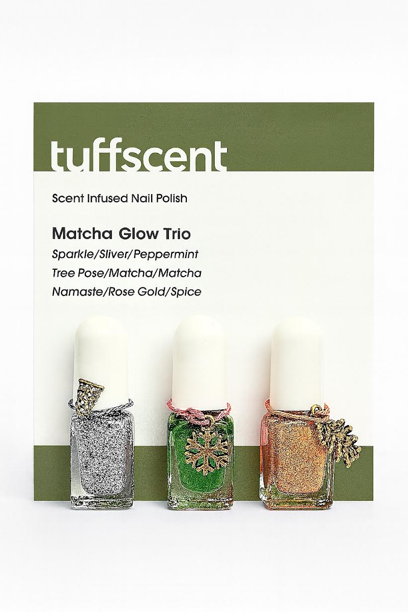 Tuff Scent Scenties by Tuff Scentence™ Scent Infused Nail Polish™ — Matcha Glow Trio: Sparkle Silver Holographic Glitter(Peppermint), Matcha Green Tea (Matcha Scent), Namaste Gold Glitter(Spice Scent)