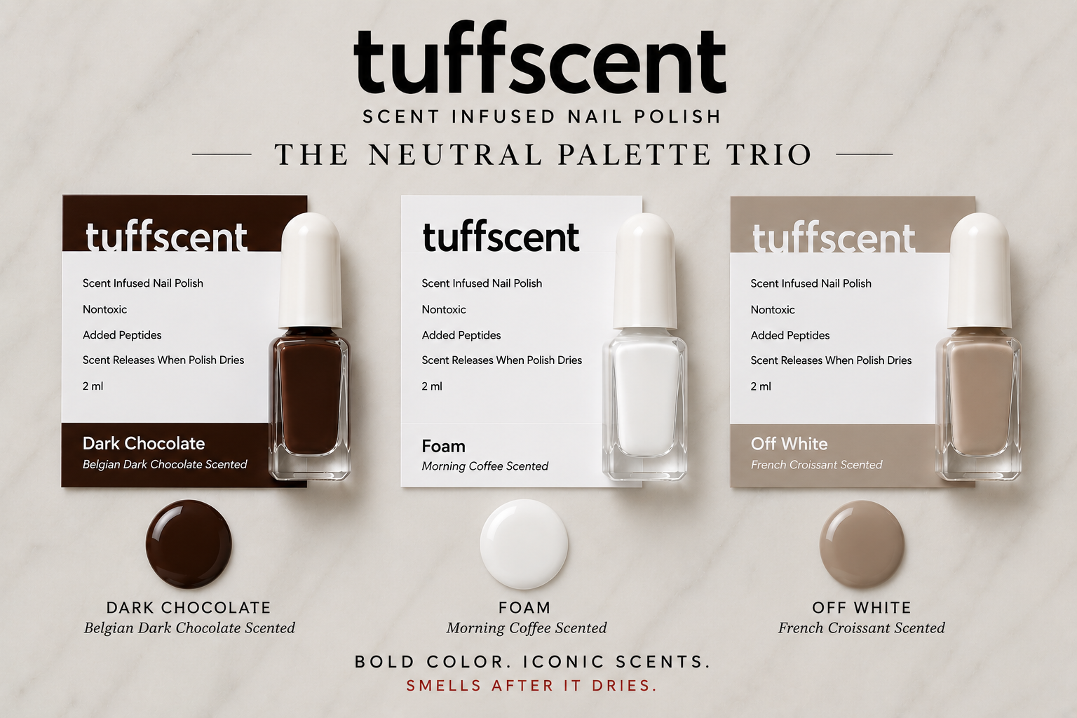 TuffScent™Scenties The Neutral Palette Trio Dark Chocolate Scented Nail Polish Chocolate Scent, Foam White Scented Nail Polish, Cappucino Scented, Off White, Taupe Nail Polish French Croissant Scented by Tuff Scentence™