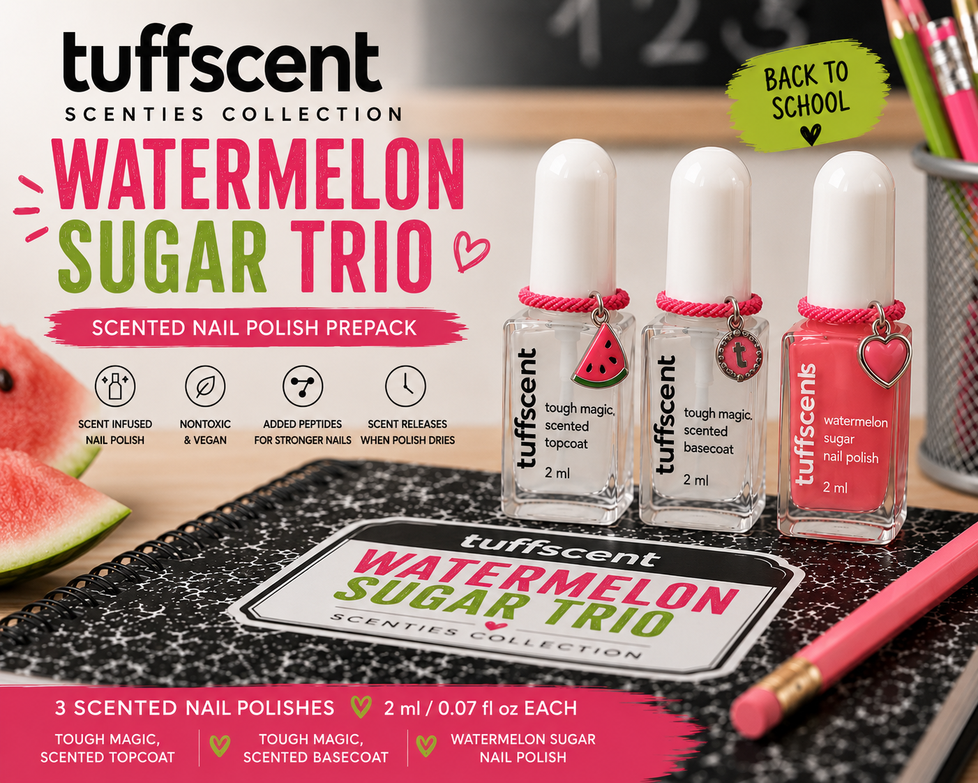 Tuff Scent Scenties Watermelon Sugar Trio Set: Tuff Magic Scented Base Coat, Pink Watermwlon Sugar Scented Nail Polish, Tuff Magic Scented Top Coat by Tuff Scentence