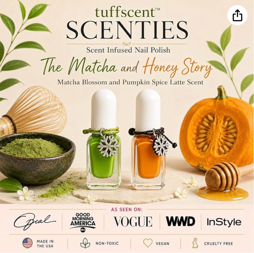 TuffScent Scenties by Tuff Scentence Scent Infused Nail Polish™ — The Matcha and Honey Story: Matcha Blossom and Pumpkin Spice Latté Scent