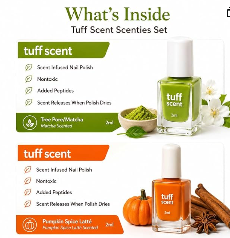 TuffScent Scenties by Tuff Scentence Scent Infused Nail Polish™ — The Matcha and Honey Story: Matcha Blossom and Pumpkin Spice Latté Scent