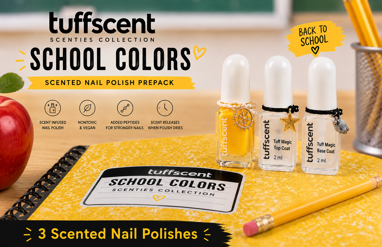 TuffScent Scenties Go Bananas Trio Set: Tuff Magic Scented Base Caat, Yelllow Banana Scented Nail Polish, Tuff Magic Scented Top Coat by Tuff Scentence™