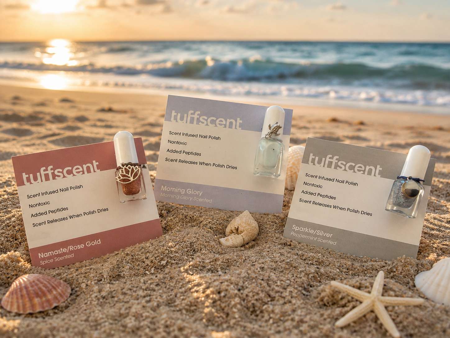 Tuff Scent Scenties by Tuff Scentence™ TUFF BEACH collection Namaste, Morning Glory and Sparkle Scented Nail Polish
