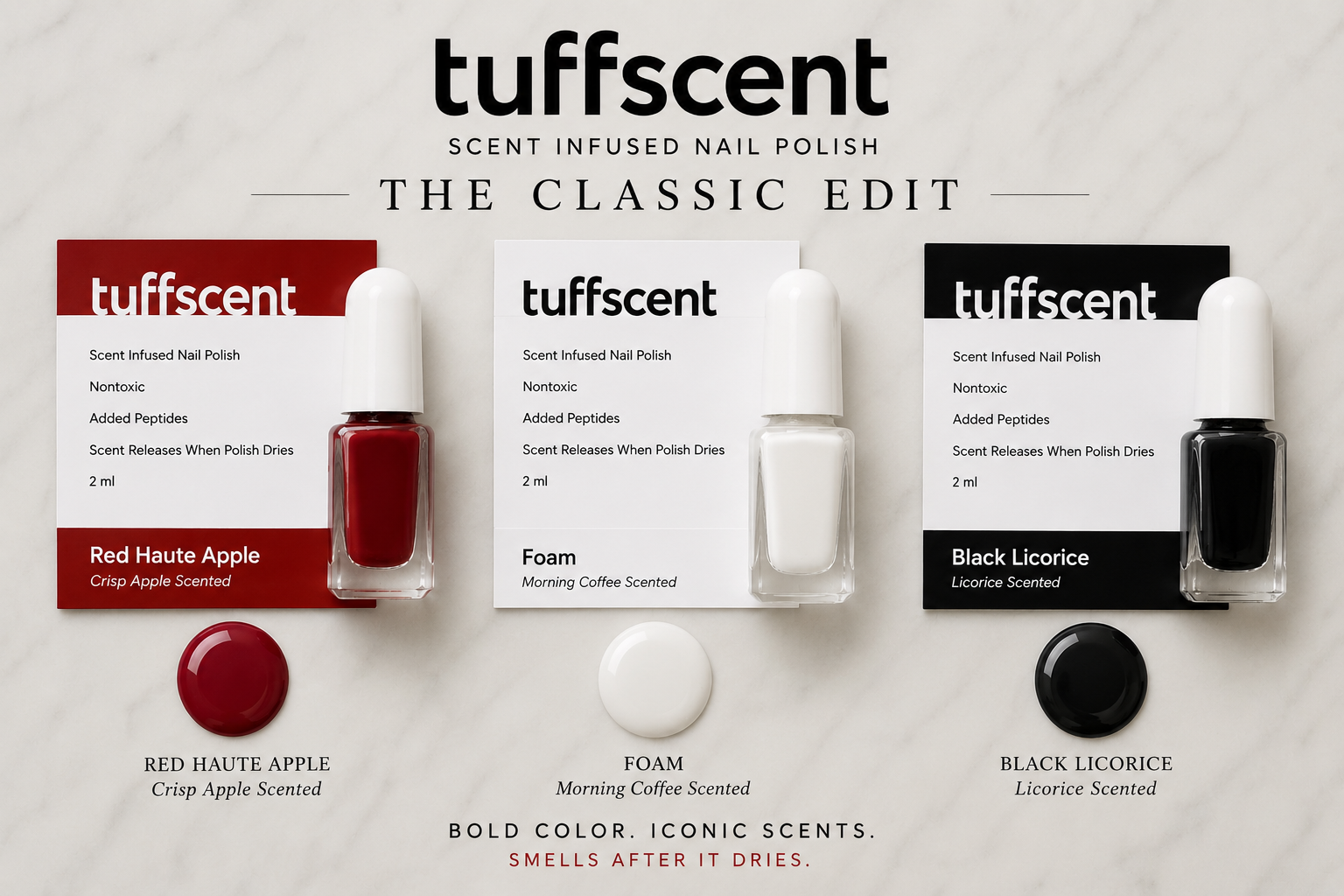 TuffScent™ Scenties The Classic Edit Red Haute Apple, Red Scented Nail Polish: Apple Scent, Foam, White Scented Nail Polish, Cappucino Scent, Black Licorice, Black Licorice Scent by Tuff Scentence 2ML