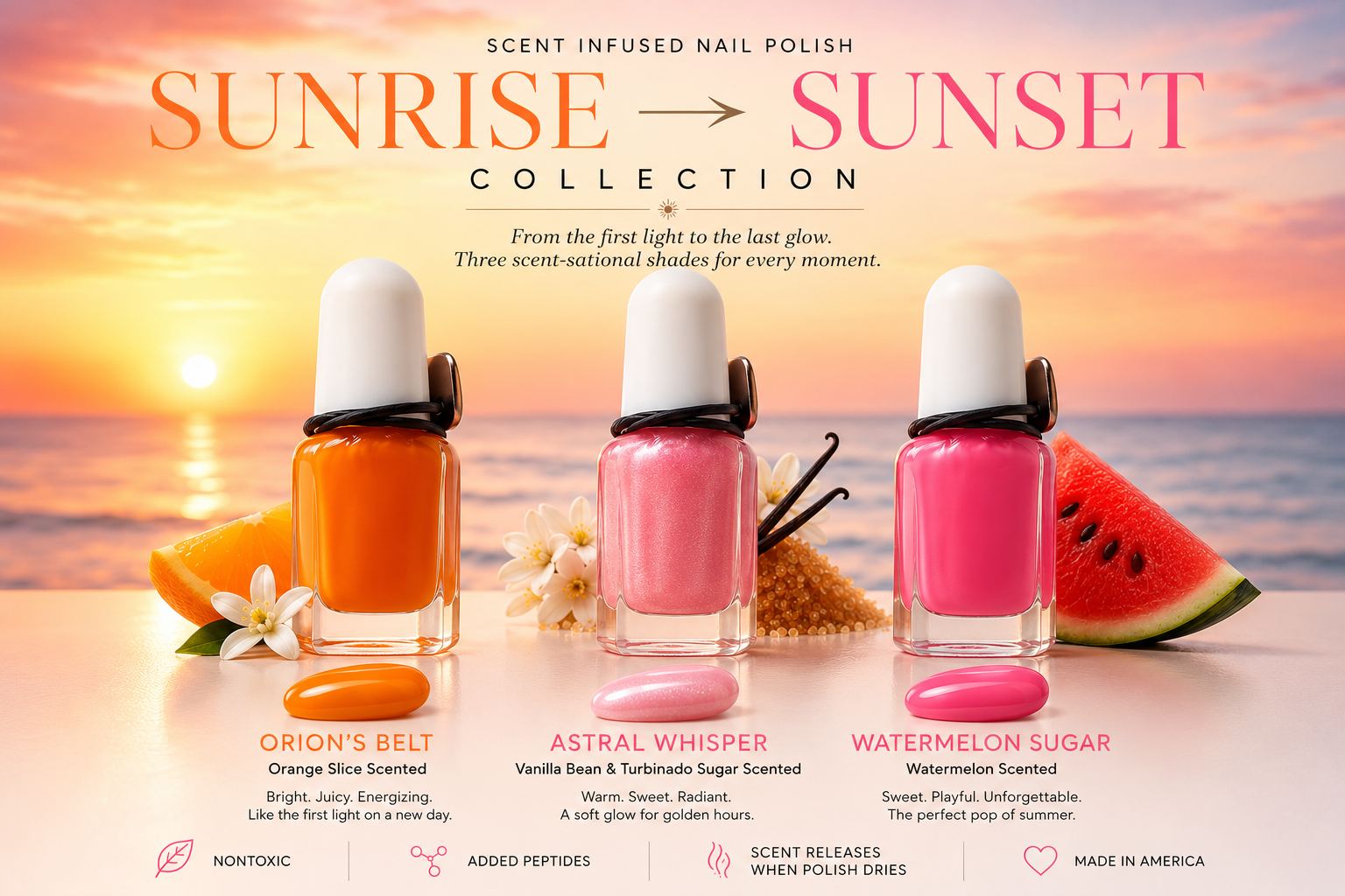 TuffScent™ Scenties Sunrise to Sunset: Pink Watermelon Sugar Scented Nail Polish, Astral Whisper Bright Pink Scented Nail Polish Vanilla Scented, Orion's Belt Orange Scented Nail Polish by Tuff Scentence 2ML